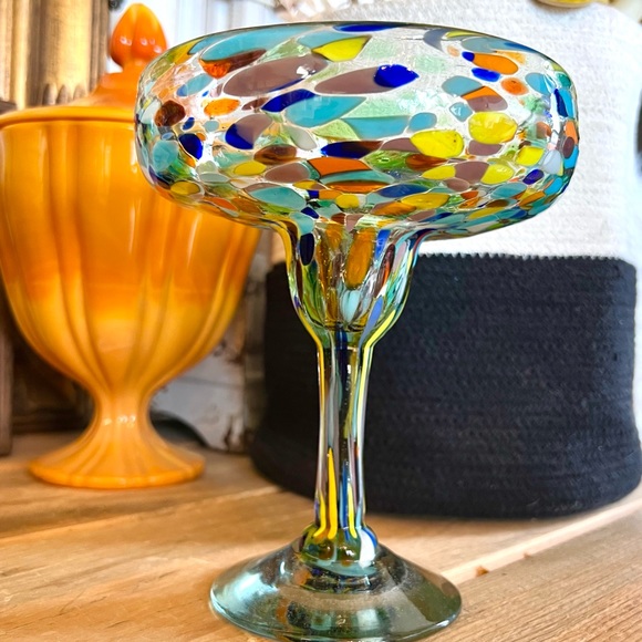 Vintage Hand Blown Confetti Margarita Glasses Set of 2 Hand Crafted 12oz - Picture 4 of 7